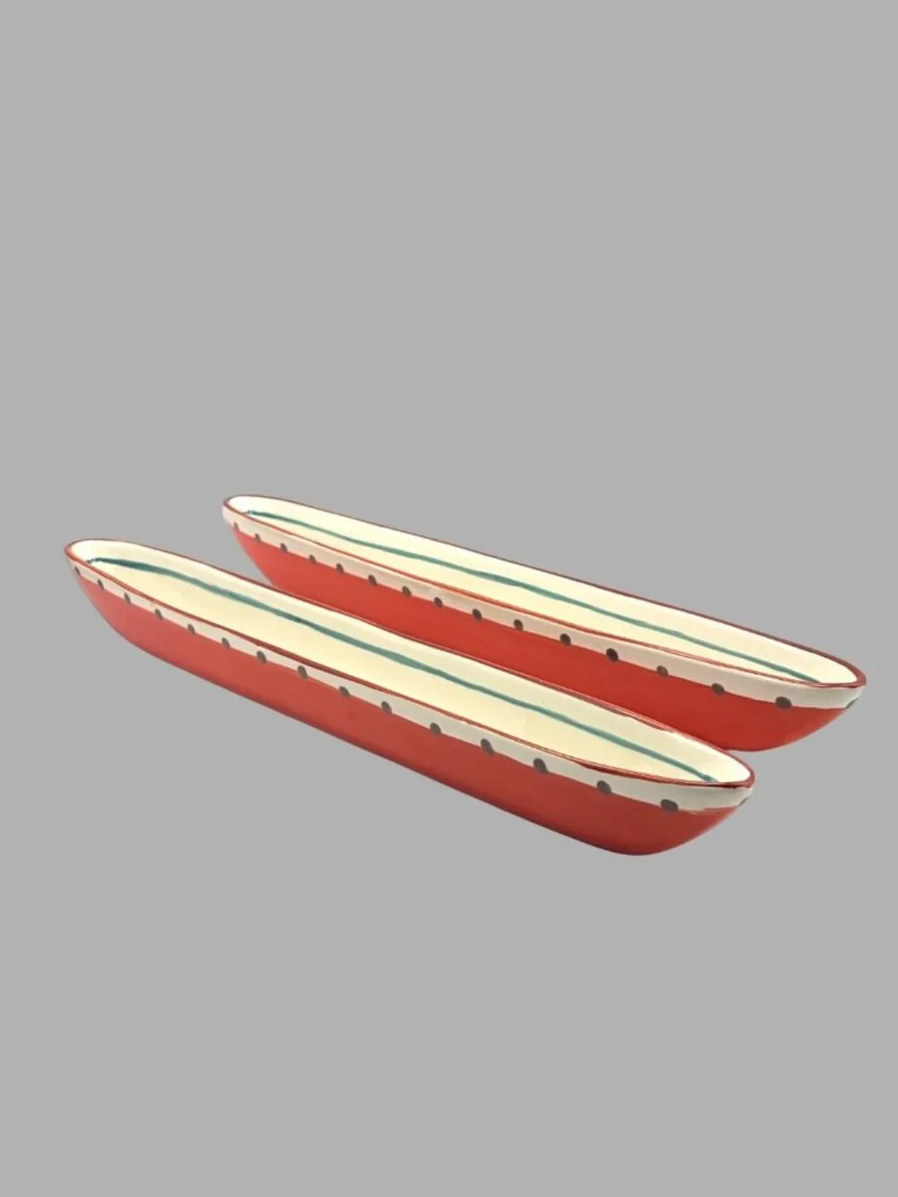 Vintage Mariachi For The Table Ceramic Canoe Bowls Set of 2 Red Polka Dot Dishes